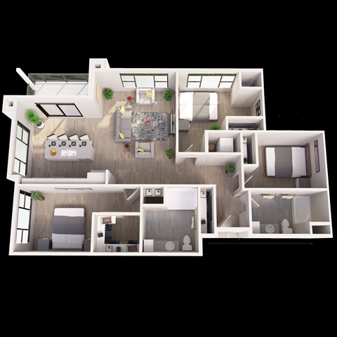 A 3D floor plan of a house with multiple rooms and furniture.